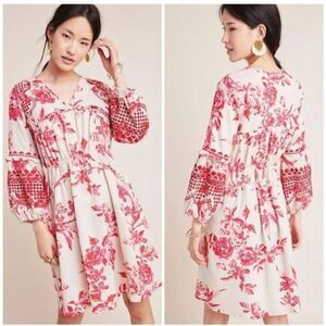 NWT Vineet Bahl Anthropologie cream pink floral cotton linen boho mini dress
